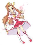  alternate_costume blush boots brown_hair cosplay cure_ace cure_ace_(cosplay) dokidoki!_precure earrings full_body heart jewelry long_hair madoka_aguri mofuko open_mouth pink_eyes precure red_skirt simple_background skirt solo white_background 