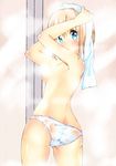  back bad_id bad_pixiv_id blonde_hair blue_eyes blush highres keespring long_hair looking_back original panties solo topless towel underwear wet 