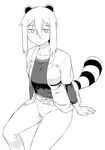  animal_ears araiguma-san belt breasts casual expressionless greyscale large_breasts monochrome open_clothes original pants raccoon_ears raccoon_tail short_hair sidelocks sitting solo tail tsukudani_(coke-buta) white_background 