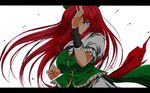  blue_eyes braid breasts fighting_stance hat highres hong_meiling letterboxed long_hair medium_breasts nekominase red_hair simple_background solo touhou twin_braids wallpaper white_background 