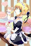  ahoge apron artoria_pendragon_(all) blonde_hair blush bow cake choker eating fate/stay_night fate_(series) food fork frills fruit green_eyes hair_ribbon heart highres macaron maid maid_headdress oshakana ribbon saber sitting slice_of_cake solo strawberry strawberry_shortcake thighhighs wariza wrist_cuffs 