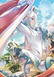  animal_ears blue_eyes closed_eyes cloud day dutch_angle green_hair highres horns inheritage long_hair looking_at_viewer monster_girl multiple_girls sinlaire sky tail white_hair 