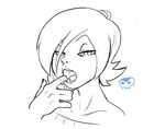  bad_id bad_tumblr_id bare_shoulders borrowed_character face finger_in_mouth flipped_hair greyscale hair_over_one_eye half-closed_eyes lineart long_hair monochrome naughty_face original saliva sexually_suggestive solo zealk zone-tan 