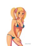  1girl bikini blonde_hair blue_eyes breasts cleavage eyeshadow grasshopper_manufacture juliet_starling large_breasts light_smile lollipop_chainsaw long_hair makeup scrunchie short_twintails simple_background solo swimsuit twintails vaultman white_background 