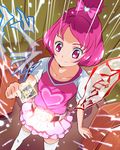  belt blush bow card commentary_request dokidoki!_precure electricity eyelashes from_above henshin kamen_rider kamen_rider_blade_(series) light_smile parody personification pink_bow pink_eyes pink_hair precure sharuru_(dokidoki!_precure) sharuru_(dokidoki!_precure)_(human) short_hair smile solo thighhighs tj-type1 