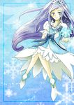  asymmetrical_clothes blue_background blue_bow blue_eyes blue_hair boots bow bracelet choker cure_diamond dokidoki!_precure dress heart hishikawa_rikka jewelry long_hair magical_girl ponytail precure sitting smile snowflakes solo sorano_tsukiko tiara 