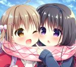  2girls ;d ahoge argyle argyle_scarf backpack bag bangs black_bow black_hairband blue_sky blue_sweater blush bow brown_eyes chestnut_mouth cloud cloudy_sky commentary_request day enpera eye_contact eyebrows_visible_through_hair fang fingernails hair_between_eyes hair_bow hair_ornament hairband hairclip hanamiya_natsuka jacket light_brown_hair long_hair long_sleeves looking_at_another multiple_girls one_eye_closed open_mouth original outdoors parted_lips pink_scarf pom_pom_(clothes) purple_eyes red_jacket scarf shared_scarf sky sleeves_past_wrists smile sweater twintails upper_body 