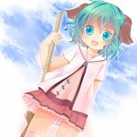  adapted_costume animal_ears bamboo_broom broom cloud green_eyes green_hair kasodani_kyouko mamakari open_mouth pink_legwear short_hair skirt sky smile solo touhou 