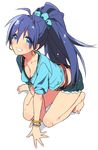  aqua_eyes arm_support bad_id bad_pixiv_id barefoot black_hair blue_eyes bracelet breasts cleavage denim denim_shorts earrings fang full_body ganaha_hibiki grin highres idolmaster idolmaster_(classic) jewelry kasuga_souichi kneeling legs long_hair looking_at_viewer medium_breasts ponytail purple_hair ribbon shorts simple_background smile solo white_background 