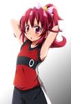  aida_mana armpits arms_behind_head blush bow dokidoki!_precure eyelashes flipped_hair half_updo open_mouth pink_bow pink_eyes pink_hair precure shishinon short_hair sleeveless solo sportswear volleyball_uniform 