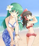  ass back bad_id bad_pixiv_id beach bikini bikini_skirt black_hair blue_sky bow bracelet breasts brown_eyes day floral_print flower green_eyes green_hair hair_bow hair_flower hair_ornament hair_tubes hakurei_reimu hibiscus jewelry kochiya_sanae long_hair looking_at_viewer looking_back medium_breasts multiple_girls nagijin open_mouth outdoors red_bikini sand short_hair skirt sky smile snake_hair_ornament swimsuit touhou water 