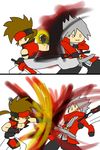  :3 blazblue crossover fire guilty_gear multiple_boys ragna_the_bloodedge sol_badguy tyrant_rave v-shaped_eyebrows yuta1147 