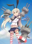  anchor anchor_hair_ornament black_panties cloud cloudy_sky crossed_arms day elbow_gloves gloves green_eyes hair_ornament highres kantai_collection lifebuoy long_hair looking_at_viewer nanjin navel panties rensouhou-chan shimakaze_(kantai_collection) skirt sky smile solo striped striped_legwear thighhighs underwear 