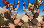  abs absurdres bandana baseball_cap belt blonde_hair breasts brown_eyes brown_shorts crop_top fio_germi glasses green_bandana gun hat highres holding kasamoto_eri knee_pads kyoffie large_breasts long_hair metal_slug midriff muscular muscular_female navel open_clothes open_vest parachute ponytail round_eyewear shorts skydive smile snk utility_vest vest weapon 