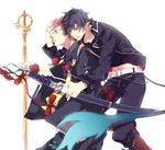  ao_no_exorcist black_hair katana multiple_boys okumura_rin pointy_ears red_hair robe sara666 shakujou sheath sheathed shima_renzou staff sword tail weapon 