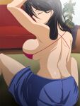  1girl a_certain_high_school_gym_uniform arm_up back bare_shoulders bikini black_hair breasts closed_eyes closed_mouth commentary_request couch feet_out_of_frame from_behind fukiyose_seiri gym_shorts indoors large_breasts no_shirt on_floor partial_commentary plant potted_plant red_bikini short_shorts shorts sideboob sitting solo swimsuit toaru_majutsu_no_index toaru_majutsu_no_index:_old_testament tsubooi v-shaped_eyebrows window 