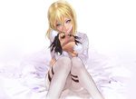  black_eyes blonde_hair blue_eyes christa_renz cuddling dancing_titan hair_between_eyes hug pants sharp_teeth shingeki_no_kyojin shirt short_hair sitting solo teeth thigh_strap toyokanko white_shirt 