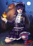  1girl animal_ears annie_hastur backpack bag black_hair fingernails fire gothic kerasu league_of_legends shoes short_hair sitting thighhighs tibbers 