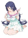  bare_legs bare_shoulders barefoot blush breasts dress gj green_eyes large_breasts long_hair love_live! love_live!_school_idol_project low_twintails off_shoulder open_mouth purple_hair seiza sitting skirt solo sweat toujou_nozomi twintails untied very_long_hair white_dress 