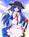  blue_hair blue_sky cloud day fang food fruit hand_on_headwear hat hinanawi_tenshi long_hair masiromu open_mouth peach pink_eyes puffy_sleeves shirt short_sleeves skirt sky smile solo sword_of_hisou touhou very_long_hair 
