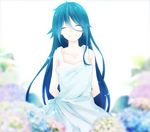  aqua_hair arms_behind_back bad_id bad_pixiv_id blurry closed_eyes collarbone copyright_request dress flower head_tilt highres hokano hydrangea long_hair smile solo sundress white_background white_dress 