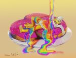 anatid anseriform anthro avian beak bird dessert doughnut duck feathers food frosting hi_res jewelry lgbt_pride lying male male/male oselotti pastry pinup plate pose pride_colors quill_wonderfowl slime solo