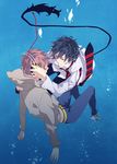  ao_no_exorcist black_hair headphones highres multiple_boys necktie okumura_rin pointy_ears red_hair sara666 shima_renzou tail underwater wet wet_clothes 