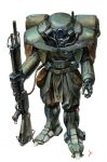  absurdres armor assault_rifle beam_rifle cable commentary_request dirty emblem energy_gun gun highres looking_at_viewer machinery mecha mobile_infantry original painting_(medium) power_armor power_suit radio_antenna realistic rifle robot scan science_fiction signature soldier space_marine starship_troopers takani_yoshiyuki_(style) traditional_media uchuu_no_senshi weapon white_background youkoumori 
