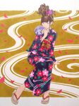  absurdres brown_hair fan floral_print flower full_body geta hair_flower hair_ornament highres japanese_clothes kimono kubonouchi_eisaku lips obi oriental_umbrella original paper_fan petals sandals sash smile solo toenail_polish traditional_media uchiwa umbrella 