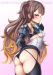  1girl absurdres anya_melfissa ass blonde_hair blush breasts brown_hair commission cosplay covered_nipples detached_sleeves djloops gloves gradient_hair highres hololive hololive_english hololive_indonesia long_hair medium_breasts multicolored_hair ouro_kronii ouro_kronii_(1st_costume) ouro_kronii_(cosplay) parted_lips pink_background purple_eyes sideboob simple_background skindentation solo thighhighs thighs two_side_up virtual_youtuber 