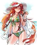  alternate_costume alternate_eye_color beach bikini bracelet braid breasts brown_eyes cleavage contemporary contrapposto day front-tie_top hat hong_meiling jewelry large_breasts light_smile long_hair looking_at_viewer matsuda_(matsukichi) navel o-ring o-ring_bottom o-ring_top ocean parted_lips red_hair sketch smile solo standing sun_hat sunglasses swimsuit touhou twin_braids very_long_hair water 