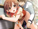  1girl breasts brown_hair clothed_sex game_cg hair_ornament katakura_shinji kira_kira orange_eyes sex shiino_kirari short_hair 