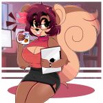 2024 5_fingers absurd_res anthro arm_tuft bandanna big_breasts bottomwear breasts buckteeth cleavage_cutout clock clothing coffee_mug computer cutout detailed_background ear_piercing elbow_tuft electronics eyebrow_through_hair eyebrows eyewear female fingers fluffy fluffy_tail glasses hair hi_res kerchief laptop mammal miniskirt office piercing red_hair rodent sciurid shelly_b&eacute;lier skirt sleeveless_topwear solo tail teeth tongue tongue_out translucent translucent_hair tree_squirrel tuft watch wireless_shiba