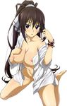  1girl areolae barefoot blue_eyes blush bracelet breasts brown_hair cleavage infinite_stratos jewelry large_breasts long_hair nipples open_clothes open_shirt ponytail ribbon shinonono_houki shirt solo sweat 