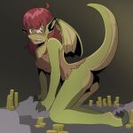 after_transformation anthro blush bottomless breasts butt cave claws clothed clothing coin convenient_censorship dragon female frankenjade green_body green_scales hair hi_res long_hair membrane_(anatomy) membranous_wings mythological_creature mythological_scalie mythology red_hair scales scalie sharp_teeth solo teeth torn_clothing treasure_hoard wings