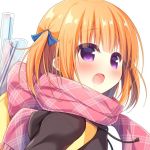  1girl :d blue_ribbon blush brown_hoodie commentary_request drawstring fringe_trim hair_ribbon hanamiya_natsuka hood hood_down hoodie looking_away open_mouth orange_hair original pink_scarf purple_eyes ribbon scarf simple_background smile solo two_side_up upper_body white_background 