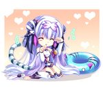  ^_^ absurdres blush_stickers cat_hair_ornament chibi closed_eyes double_bun hair_ornament haku_(p&amp;d) highres innertube long_hair navel paw_pose puzzle_&amp;_dragons sakurano_tsuyu silver_hair sitting solo tail tiger_tail tongue very_long_hair wariza yin_yang 