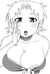  areolae bare_shoulders blush breasts cleavage cleavage_reach collarbone final_fantasy final_fantasy_tactics flashing greyscale large_breasts looking_at_viewer monk_(fft) monochrome nipples open_mouth shirt_pull short_hair skindentation solo tsukudani_(coke-buta) upper_body 