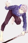  barefoot blue_eyes hood hoodie jack_frost_(rise_of_the_guardians) magic male_focus rise_of_the_guardians sara666 silver_hair snowflakes solo staff 