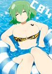  bikini breasts cleavage closed_eyes green_hair highres hikage_(senran_kagura) innertube large_breasts navel o-ring o-ring_bikini oniku_(mndayo) parted_lips partially_submerged senran_kagura senran_kagura_shoujo-tachi_no_shin'ei short_hair skindentation solo swimsuit tattoo water 