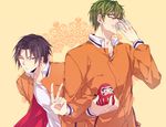  bad_id bad_pixiv_id bandages black_eyes black_hair daruma_doll glasses green_eyes green_hair jacket kuroko_no_basuke male_focus midorima_shintarou multiple_boys one_eye_closed sara666 takao_kazunari track_jacket v 