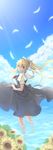  absurdres air blonde_hair blue_eyes flower from_behind highres kamio_misuzu long_hair looking_back miteli ponytail school_uniform solo sunflower wading water 