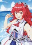  1girl beach blue_overskirt blue_skirt blue_sky blush breasts cloud cloudy_sky dress hair_between_eyes headgear kantai_collection large_breasts long_hair looking_at_viewer makinoki messy_hair ocean open_mouth outdoors phoenix_(kancolle) pleated_skirt red_eyes red_hair skirt sky sleeveless sleeveless_jacket smile solo twitter_username water 