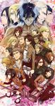  6+girls absurdres annie_leonhardt armin_arlert auruo_bossard bertolt_hoover christa_renz connie_springer emblem erd_gin eren_yeager erwin_smith everyone_fighting gunter_shulz hange_zoe highres jacket jean_kirchstein levi_(shingeki_no_kyojin) marco_bodt mikasa_ackerman mike_zakarius multiple_boys multiple_girls paradis_military_uniform petra_ral reiner_braun rogue_titan sasha_braus shingeki_no_kyojin survey_corps_(emblem) suzuwasabi three-dimensional_maneuver_gear uniform ymir_(shingeki_no_kyojin) 