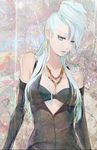  aralez breasts chou_shittou_caduceus cleavage earrings jewelry medium_breasts mira_kimishima necklace silver_hair solo 