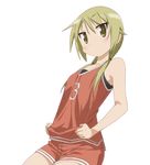  1girl basketball_uniform blonde_hair blush breasts gym_shorts hair_bobbles hair_ornament ichii_yui long_hair medium_breasts shirt shorts sleeveless sleeveless_shirt solo sportswear tank_top tied_hair transparent_background twintails yellow_eyes yuyushiki 