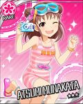  ;d artist_request brown_hair card_(medium) character_name digital_camera diving_mask double_bun flower flower_(symbol) idolmaster idolmaster_cinderella_girls long_hair munakata_atsumi official_art one_eye_closed open_mouth pink_background purple_eyes sandals smile solo unitard wavy_mouth 