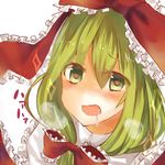  blush bow drooling front_ponytail green_eyes green_hair hair_bow hair_ribbon heart heart-shaped_pupils heavy_breathing kagiyama_hina long_hair lowres moko_(3886397) open_mouth ribbon simple_background solo sparkle symbol-shaped_pupils touhou white_background 