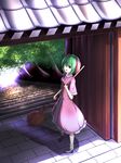  animal_ears bad_id bad_pixiv_id bamboo_broom broom dress gate green_eyes green_hair highres kasodani_kyouko open_mouth rerrere shadow short_hair smile solo stairs touhou 