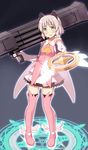  bare_shoulders blush boots cosplay fate/kaleid_liner_prisma_illya fate_(series) glastonbury1966 gloves green_eyes highres holding holding_wand kadowaki_mai kaleidostick magic_circle magical_girl magical_ruby open_mouth pink_footwear prisma_illya prisma_illya_(cosplay) rocket_launcher sanya_v_litvyak seiyuu_connection short_hair silver_hair skirt solo staff strike_witches thighhighs wand weapon world_witches_series 
